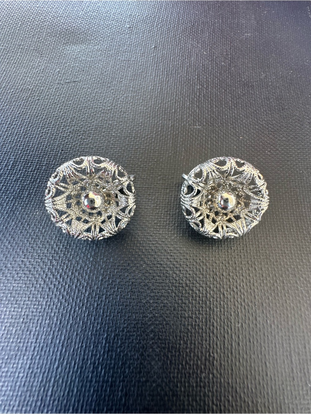 Vintage silver-tone filigree openwork clip-on earrings